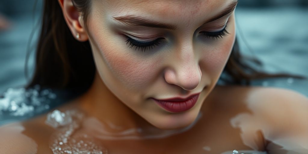 Woman in cold plunge, focus, calm.