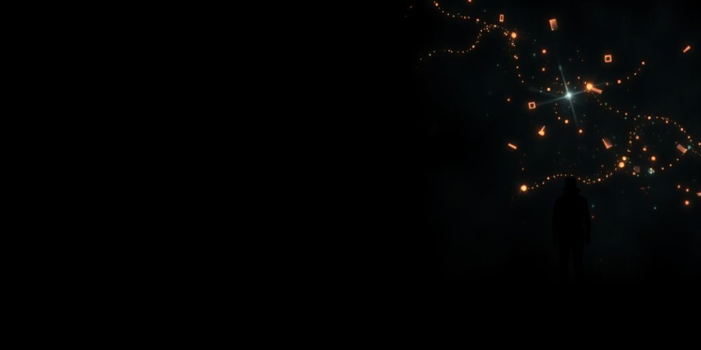 Human figure adrift in a digital sea, surrounded by glowing code.