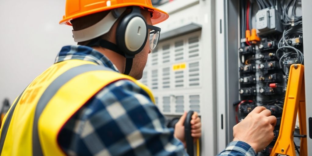 Electrician inspecting electrical panels for safety audit.