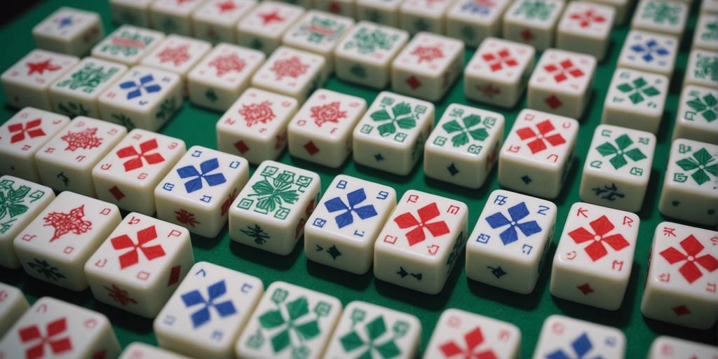 Close-up of American Mahjong tiles displaying unique designs and vibrant colors, arranged in a neat pattern.