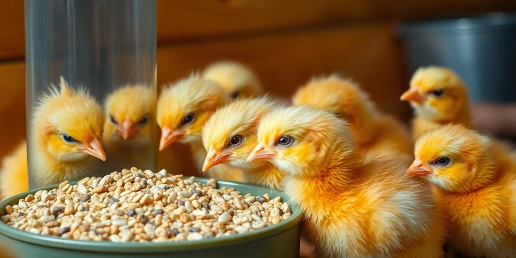 Fluffy yellow chicks eating from a feeder.