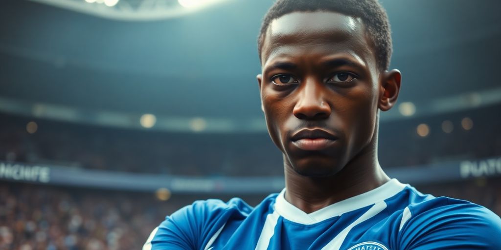 Osimhen in Chelsea jersey at stadium.