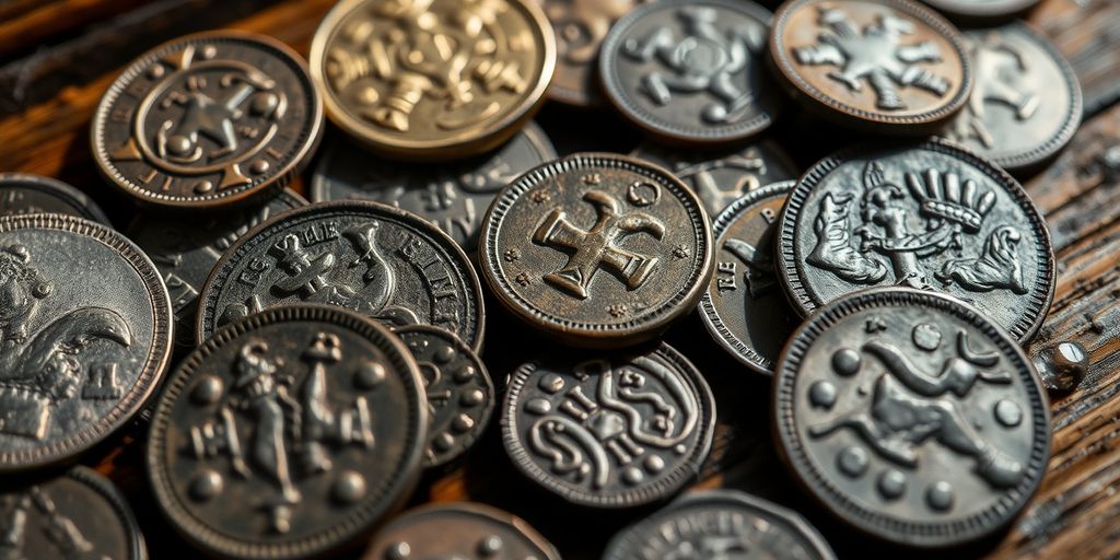 Gros plan sur des pièces de monnaie anciennes.