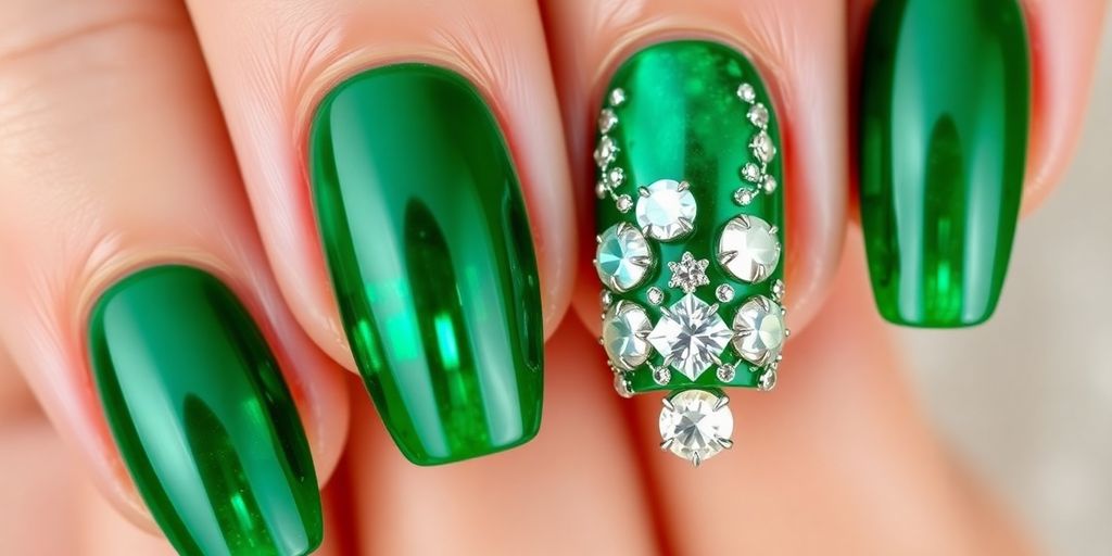 Unhas verde-esmeralda decoradas com pedrarias brilhantes.