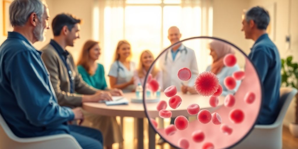 Diverse patients and doctors gathered around table with microscope view