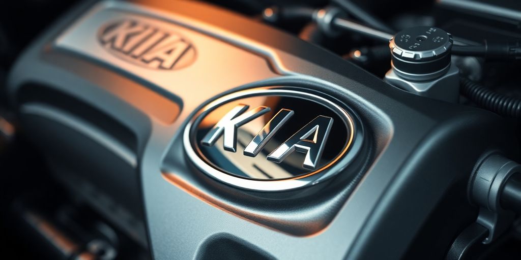 Close-up of a shiny new Kia car engine part.