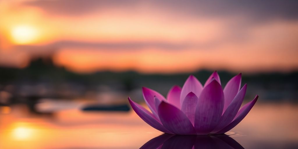 Lotus flower on calm water at sunset.