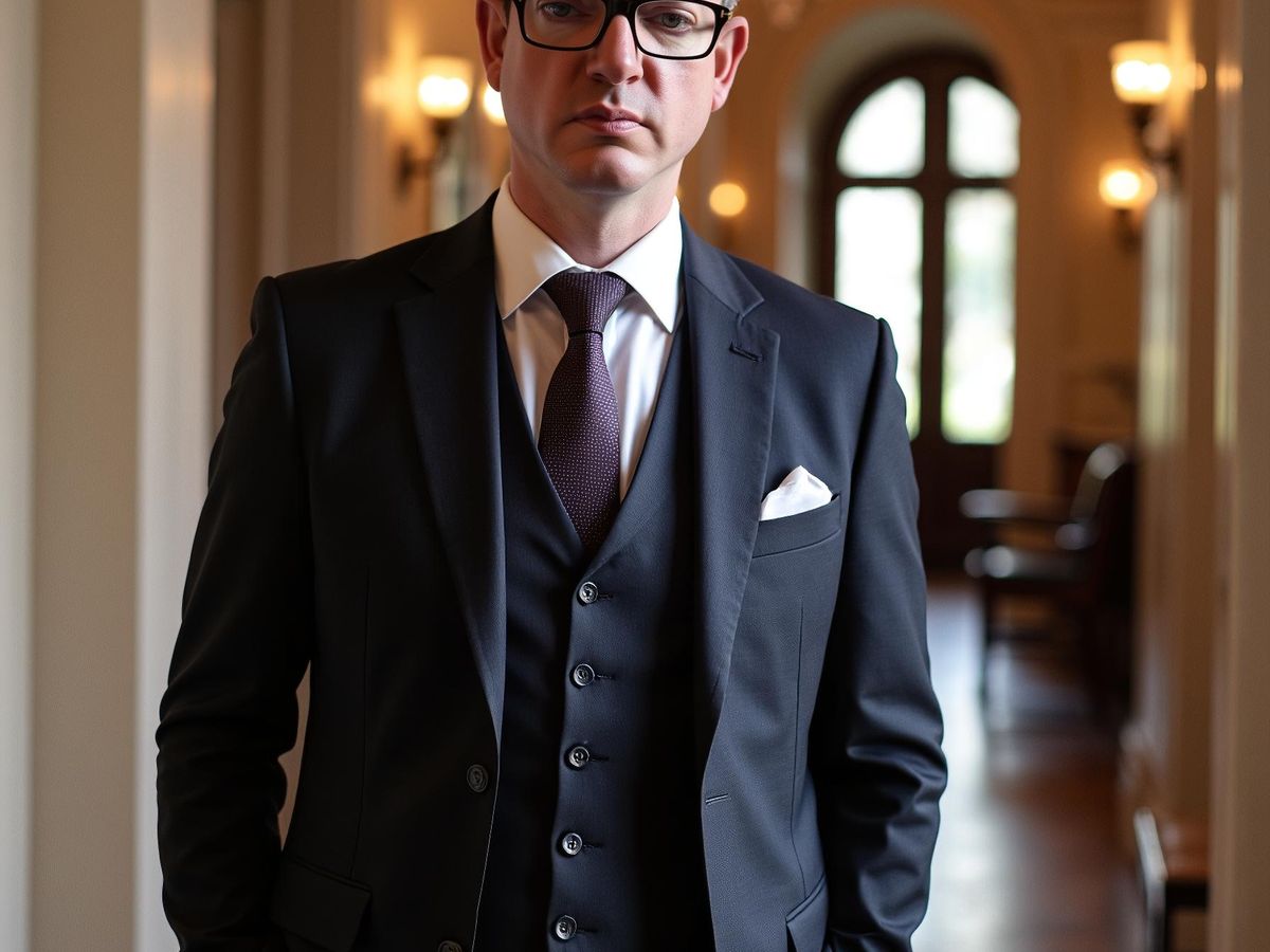 A well-dressed individual stands confidently in a hallway.