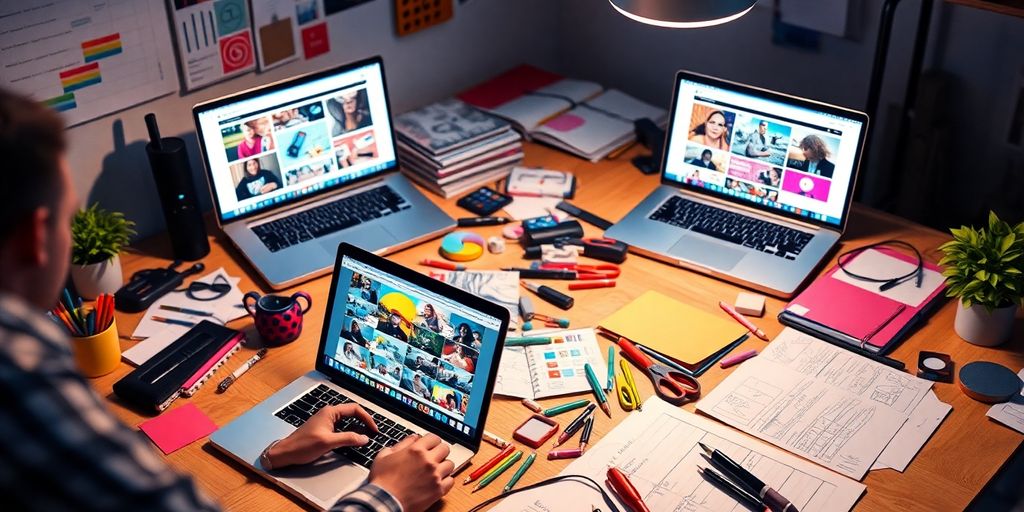 Creative workspace filled with tools and colorful projects.