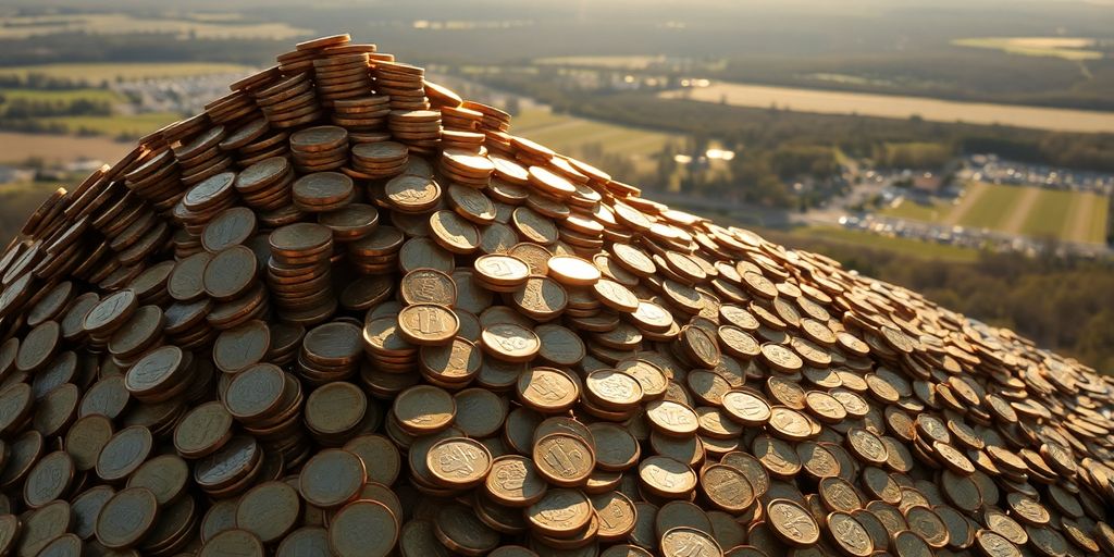 Montagne de pièces d'euros s'élevant au-dessus d'un paysage français.