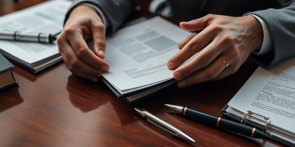 Regulator reviewing documents on a desk.