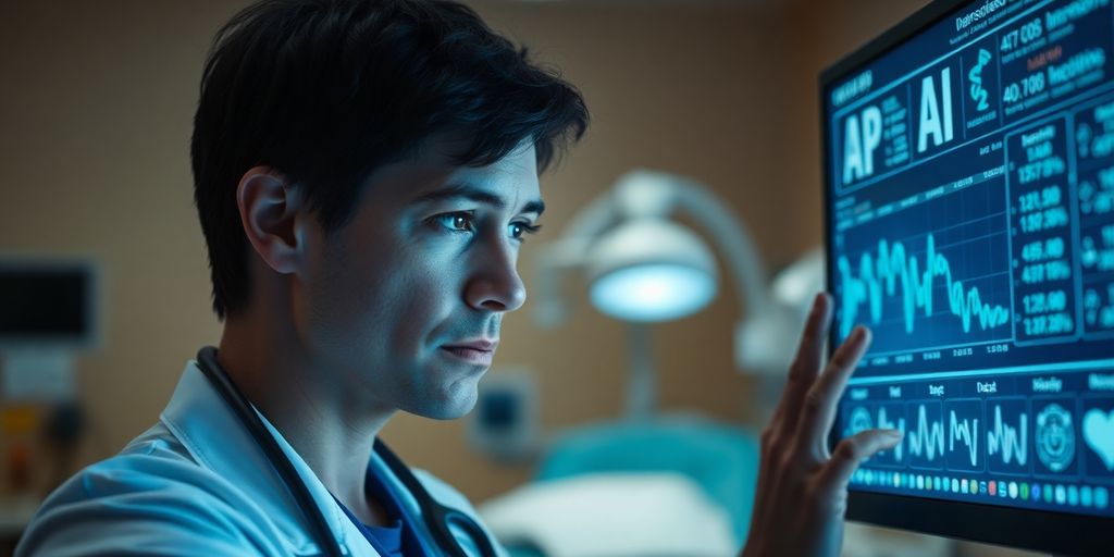 Concerned doctor analyzing AI data in a hospital setting.