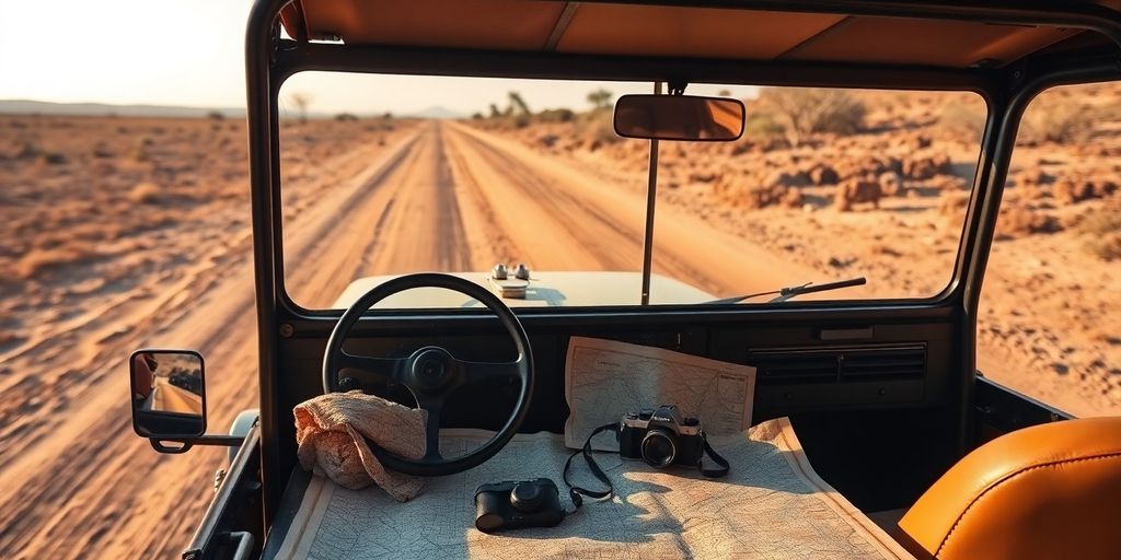 Safari jeep, binoculars, camera, and map on a dusty road.