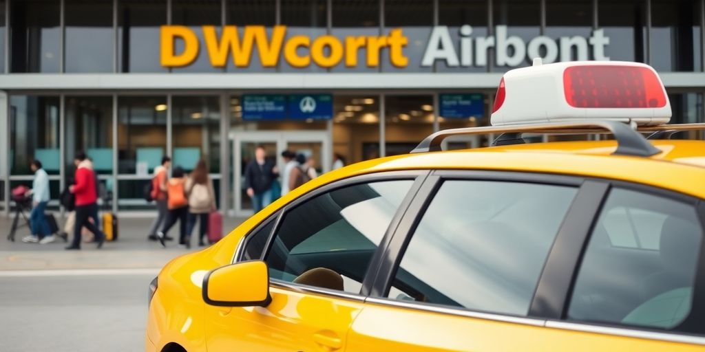 Yellow cab at DFW airport with travelers and luggage.