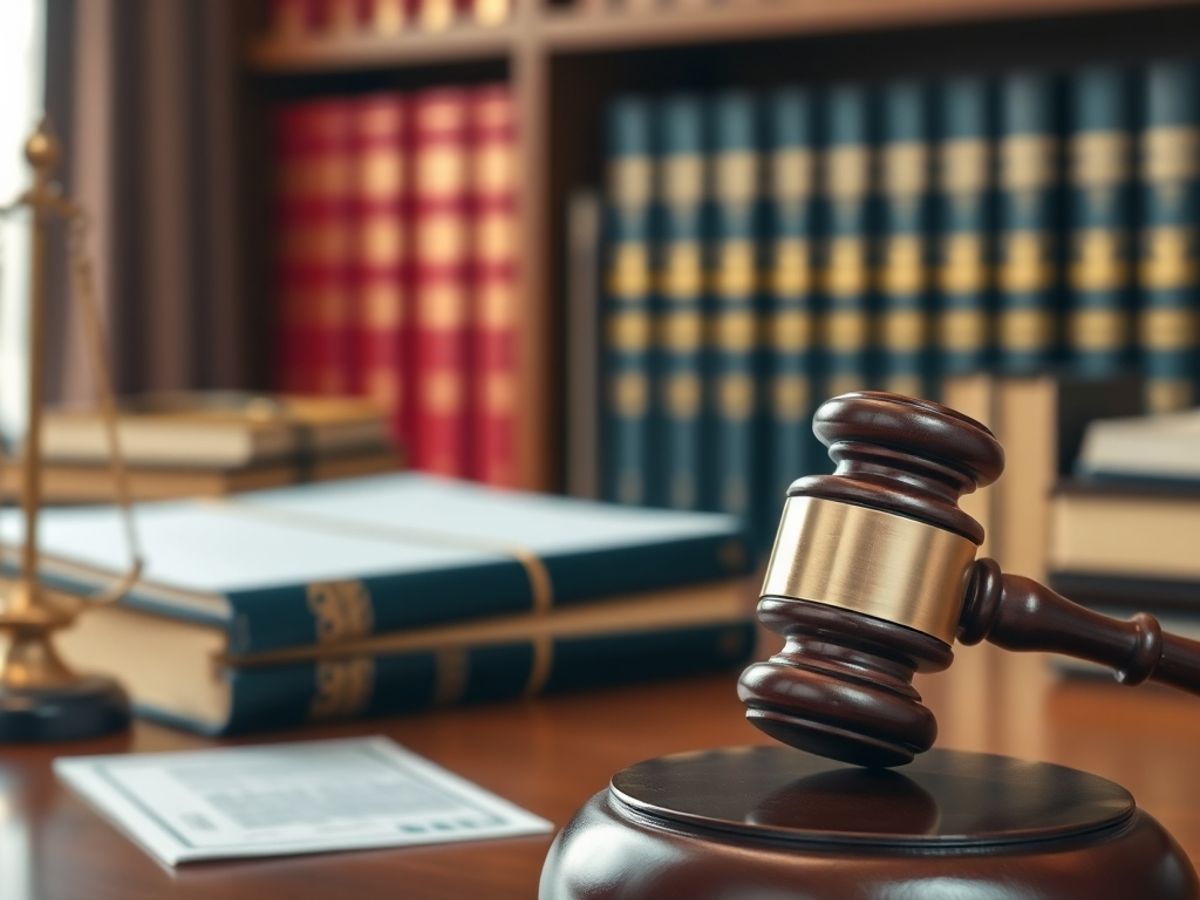 Birou de avocat cu cărți de drept și ciocan.