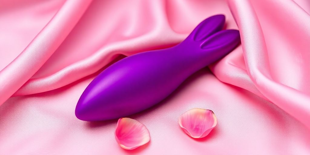 Rabbit vibrator with glowing tip on pink fabric.