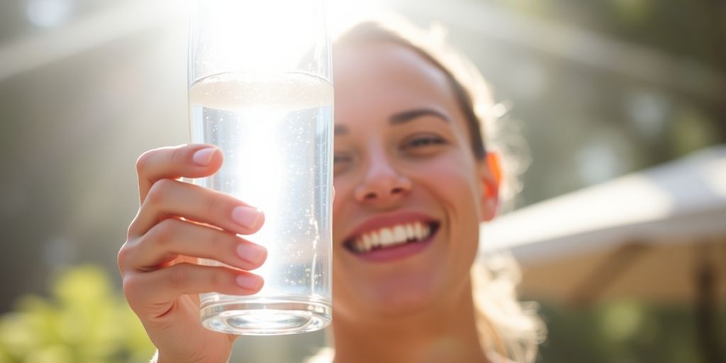 Person drinking from a clear water bottle.