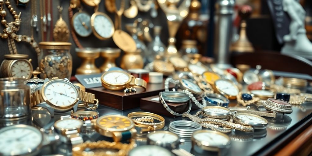 Vitrine d'un prêteur sur gage avec des objets de valeur.
