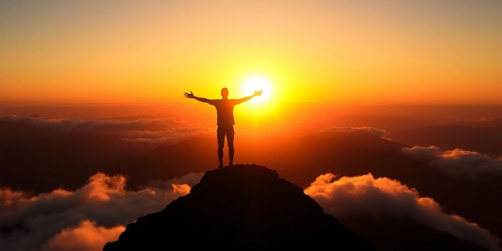 Person climbing mountain, sunrise.