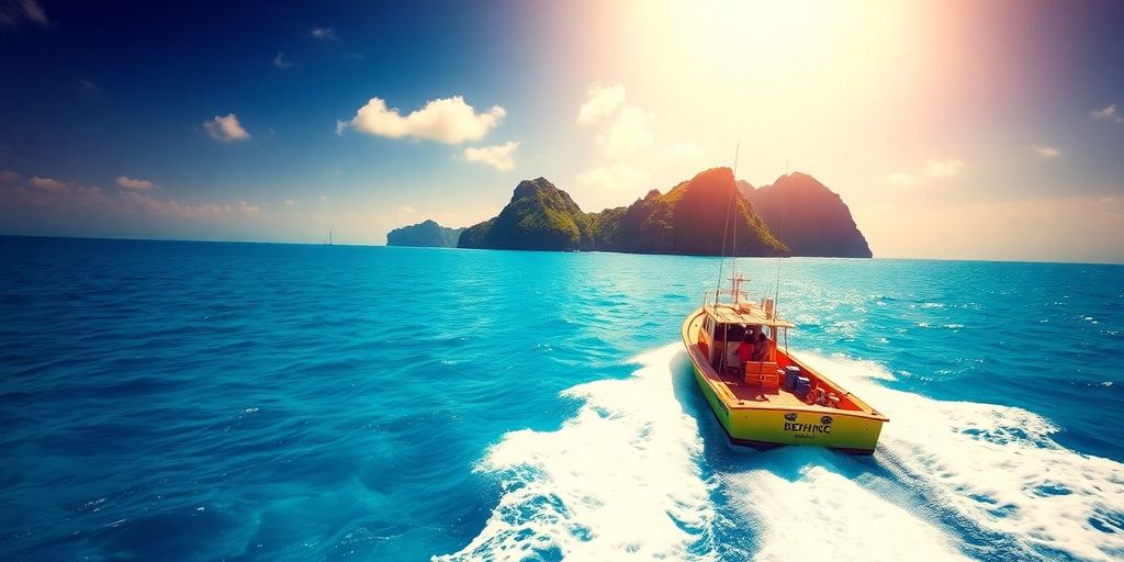 Fishing boat on blue ocean with distant islands under a clear sky.