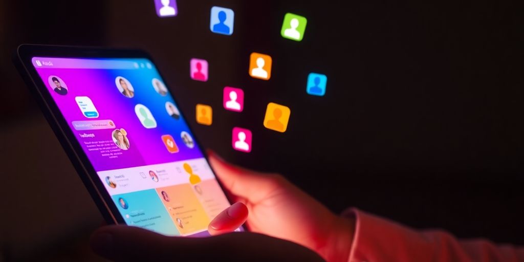 Personne interagissant avec un flux de réseaux sociaux sur un écran.