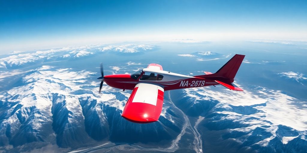 A red and white tour plane flying over snowy mountains.