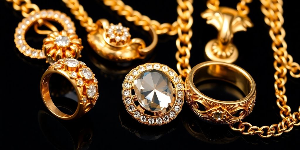 Bijoux en or exposés pour enchères.