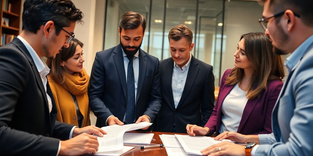 Diverse professionals discussing legal documents in a meeting.
