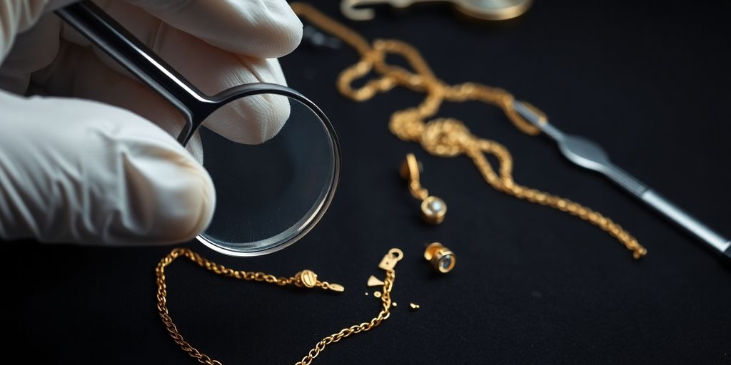 Bijoux cassés, outils d'évaluation, loupe, main experte