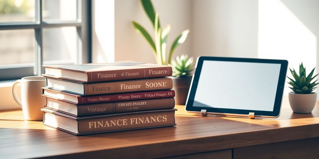 Sunlit desk with vintage finance books, sleek tablet, green plants.
