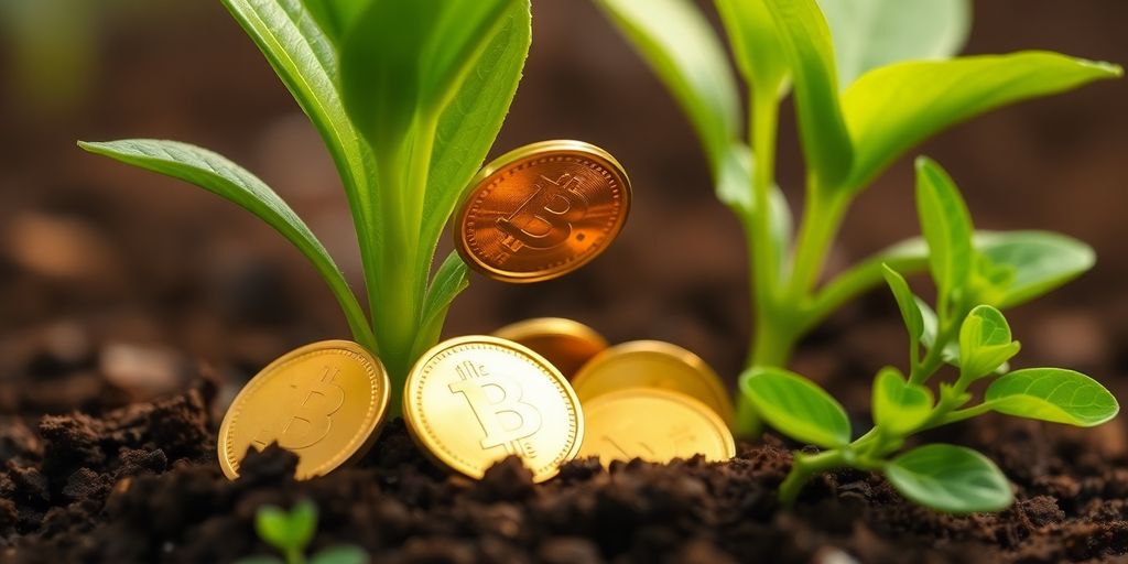 Golden coins cascading into a thriving plant.