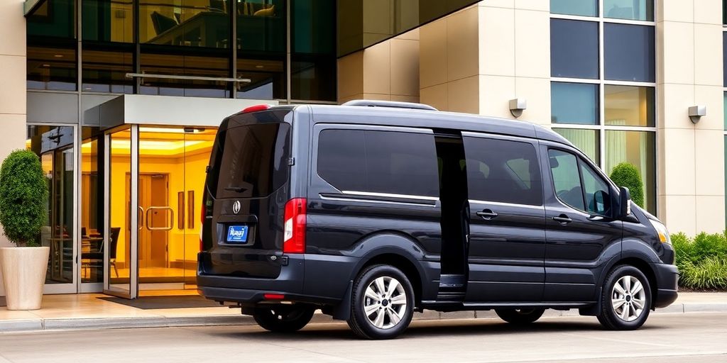 Airport transfer vehicle arriving at a hotel.