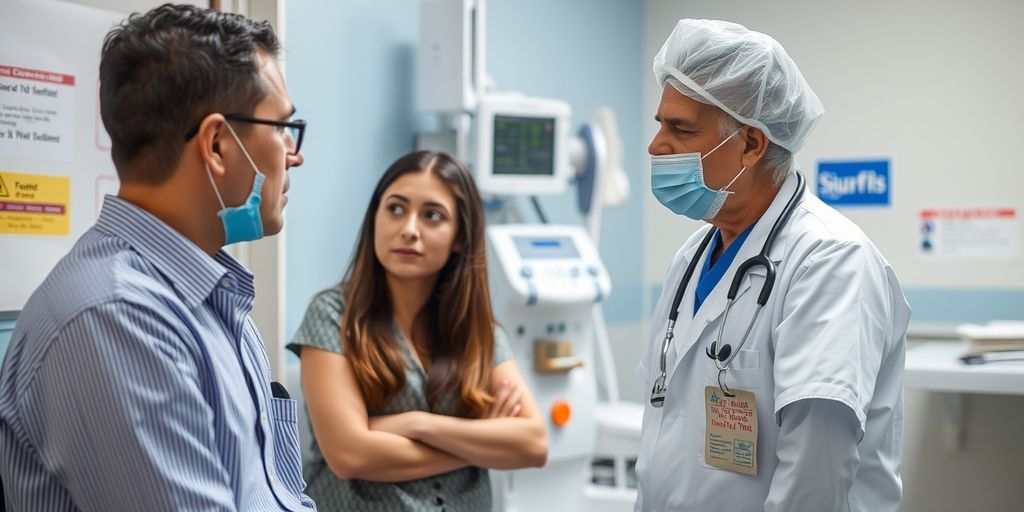 Person consulting healthcare provider in clinic.