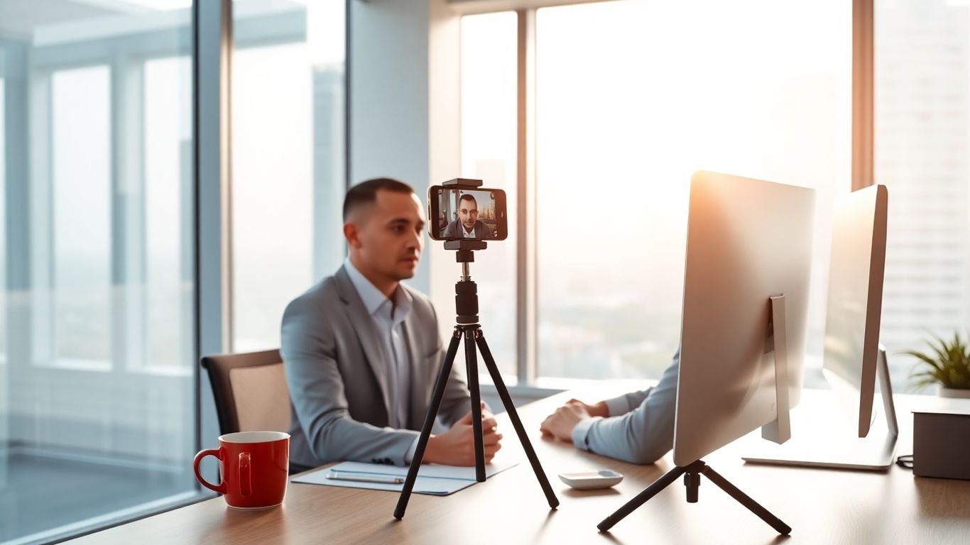 Businessperson recording video message at bright office desk