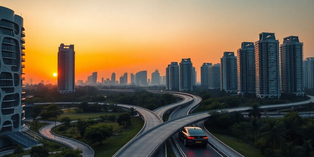 Modern Indian cityscape at sunset.
