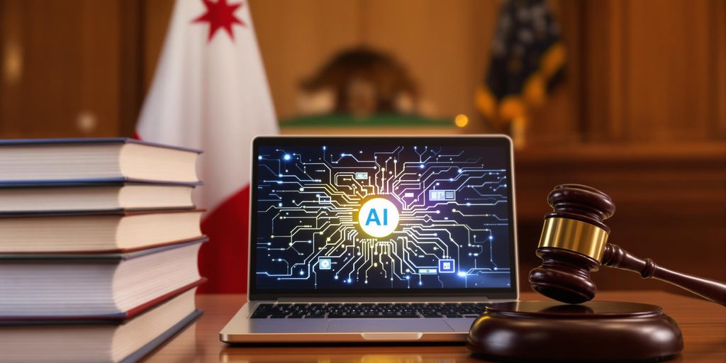 AI laptop and gavel in California courtroom setting