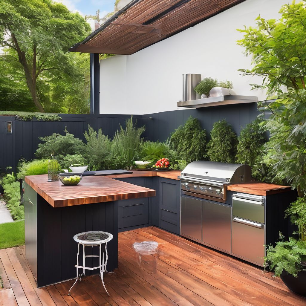 modern outdoor kitchen in lush garden
