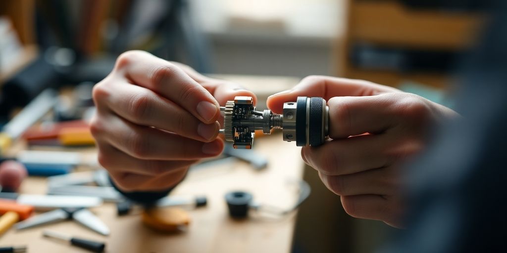 Hands expertly assembling intricate components with focused precision.