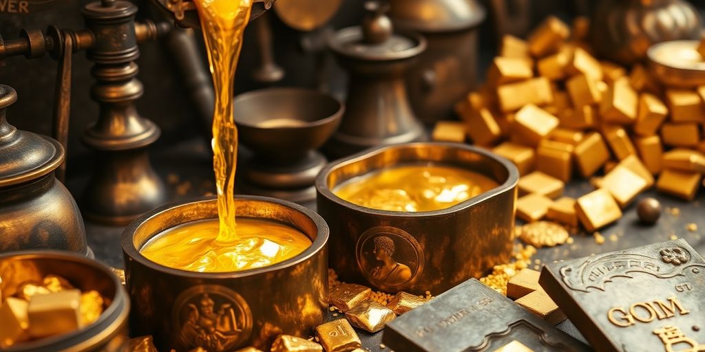 Lingots d'or purs et outils anciens d'affinage.