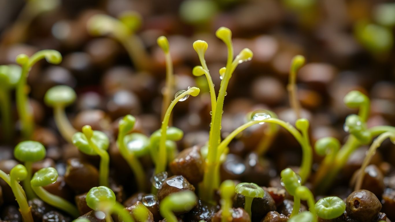 Freshly sprouted seeds glistening with water droplets.