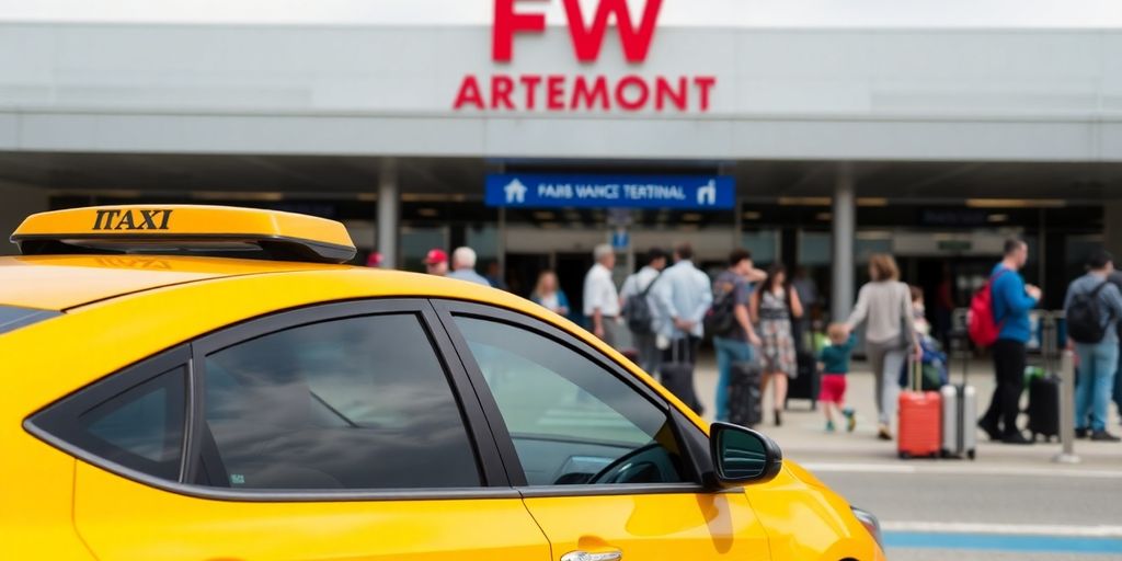 Yellow cab at DFW airport during tourist season.