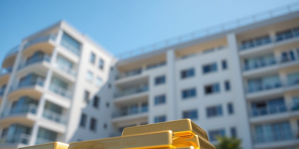 Immeuble moderne avec lingots d'or brillants