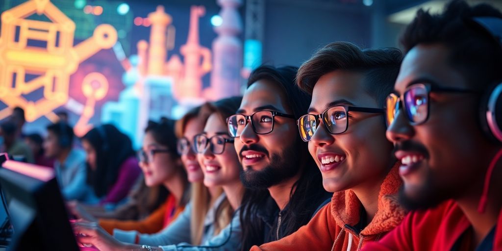 Gamers in futuristic crypto world.