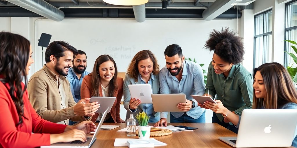 Entrepreneurs collaborating in a vibrant startup office space.