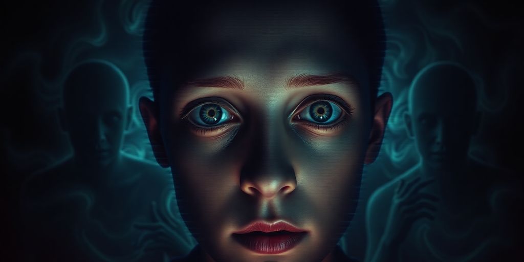 Distorted AI face, swirling dark colours.