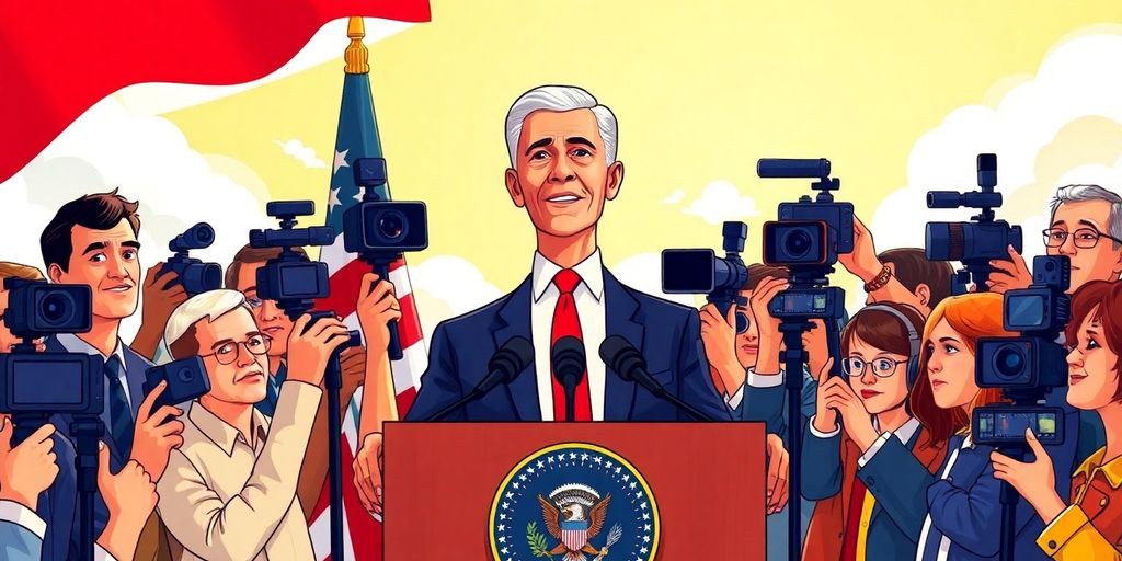 President addressing media with journalists and cameras around.