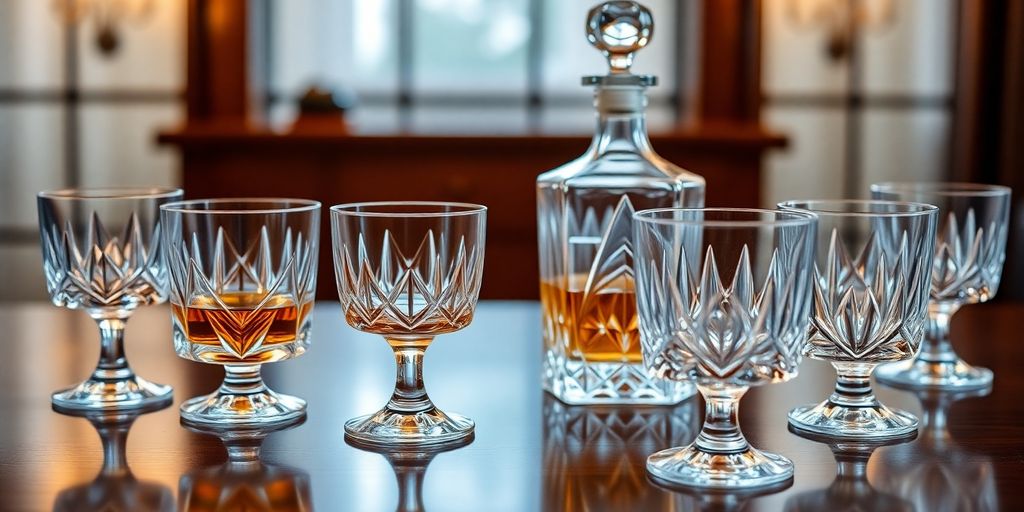 Elegant crystal barware set on a polished wooden table.
