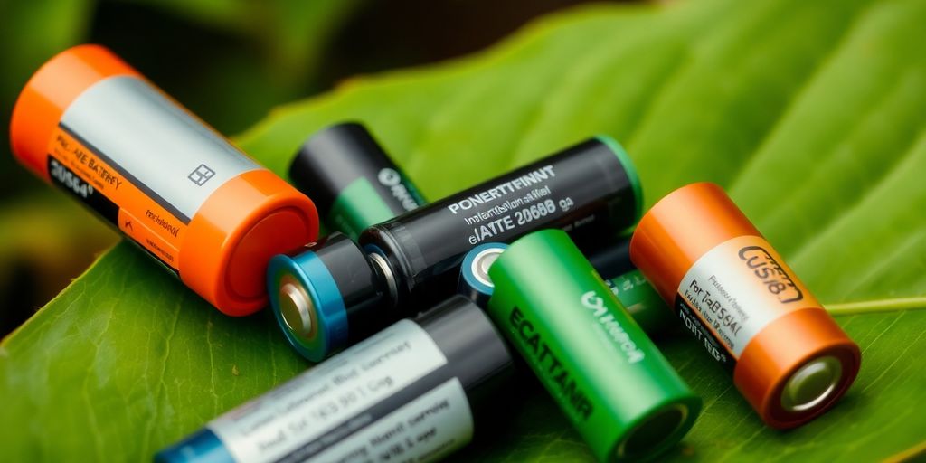 Rechargeable batteries on a green leaf for sustainability.