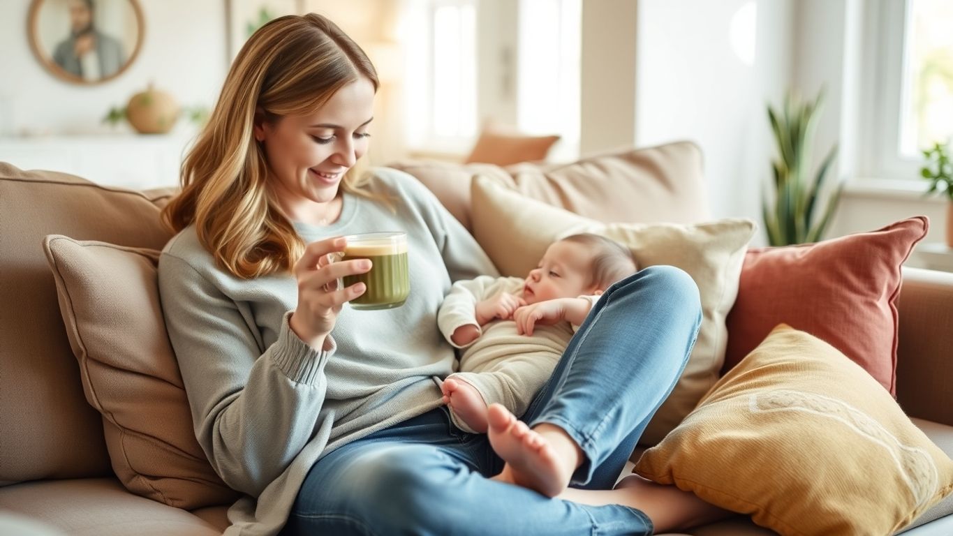 Mother drinking matcha tea while holding baby