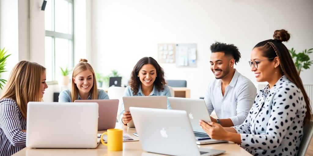 Group of virtual assistants working together in a modern office.